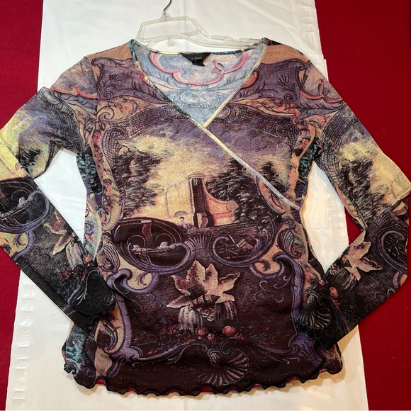 ANAC romantic V Neck Wrap shirt MIXED PRINTS Art to Wear purple women large top - Picture 14 of 15